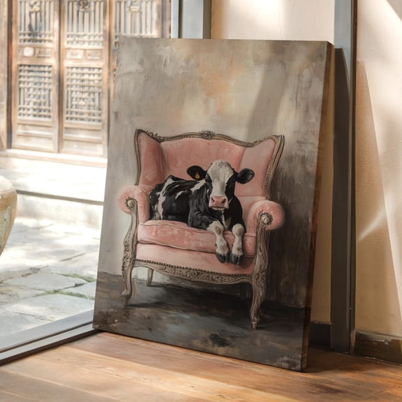 Velto Vintage Cow Art Farmhouse Decor Rustic Country Cow on Sofa Canvas Whimsical Farm Animal Wall Art, SIZE 8x10 INCLUDE Pine Wood Frame 1.25-Inch