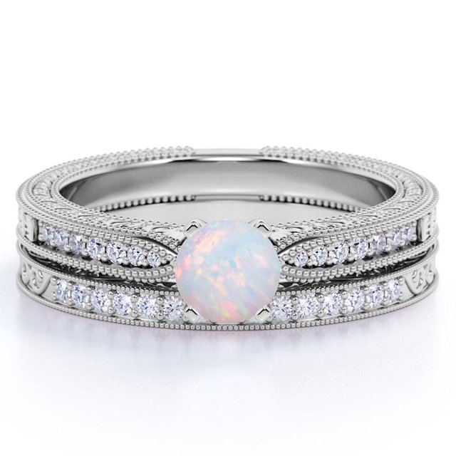JeenMata Conjunto Nupcial Moderno Cónico de Ópalo Arcoíris Genuino Redondo de 1,5 Uds en Oro Blanco de 18 K sobre Plata