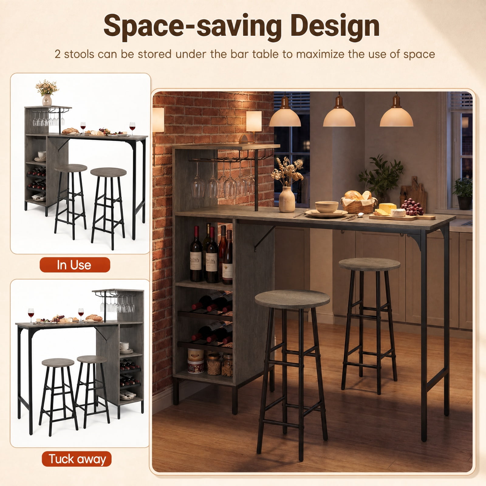 Furnibear 3 Piece Bar Table and Chairs Set with 6-Bottle Wine Rack for Kitchen Dining Room Breakfast Nook Home, Oak