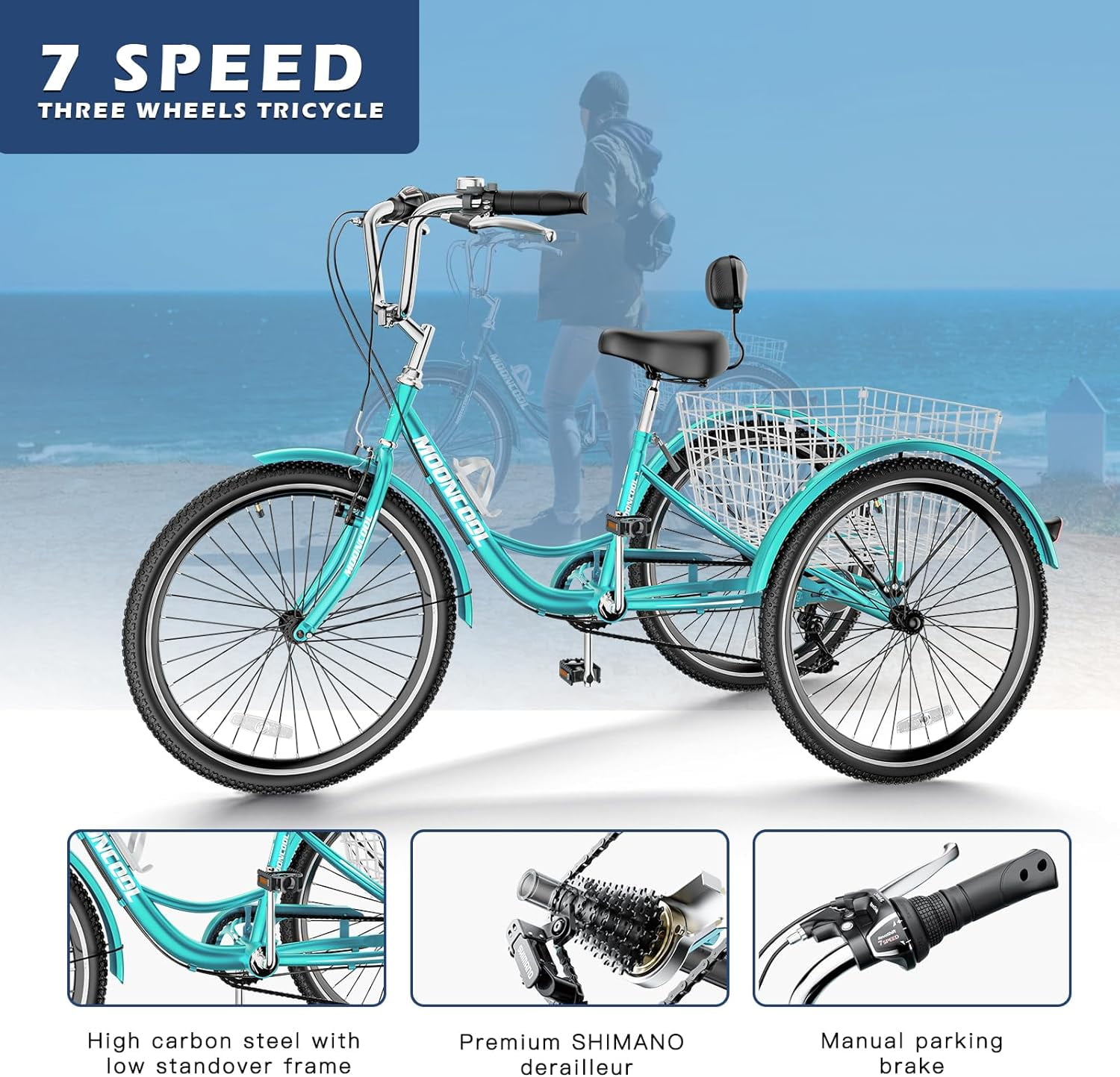 MOONCOOL Adult Tricycles 7 Speed, 16/20/24/26 inch 3 Wheel Bikes, Three-Wheeled Bicycles Cruise Trike with Shopping Basket for Seniors, Women, Men, Teenager, Kids