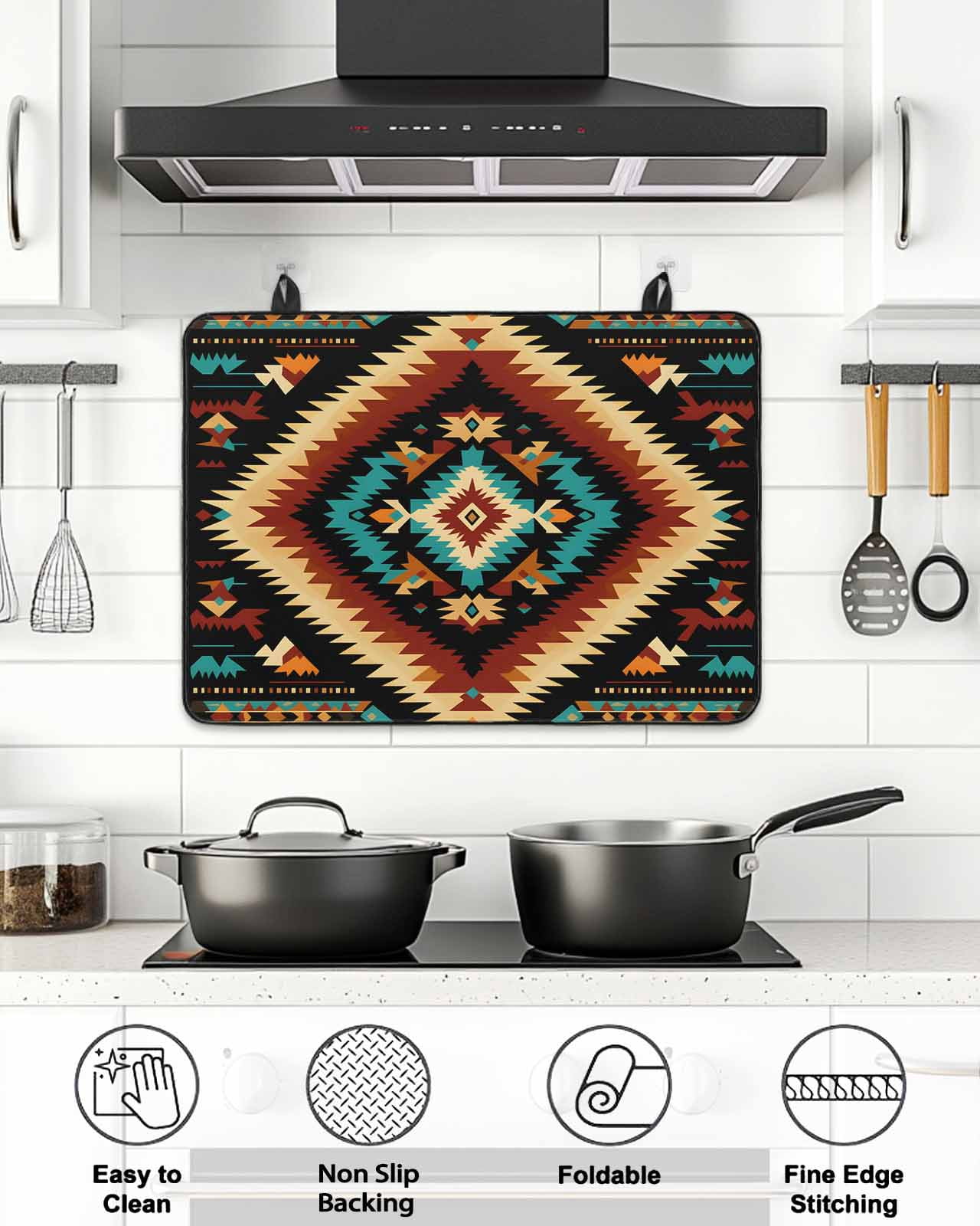 Stove Top Covers for Electric Stove, Boho Orange Teal Glass Stovetop Cover Protector, Southwestern Abstract Geometric Ethnic Induction Cooktop Protector Oven Mat for Kitchen Countertop 24"x21"