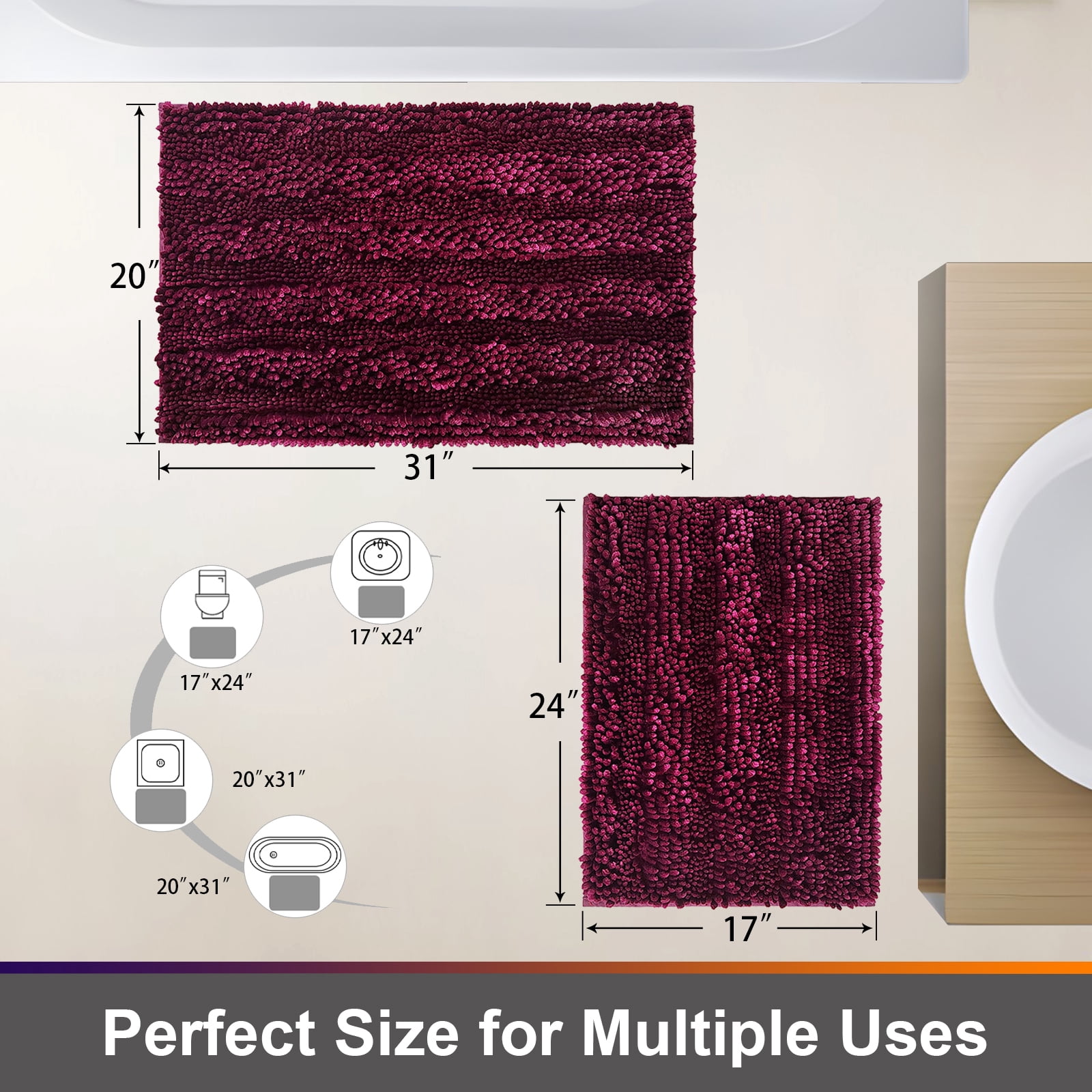 Civkor Bathroom Rugs, Bath Mats Set 2 Pieces Non Slip, 31x20 Plus 24x16Inch, Machine Washable, Soft Shiny Chenille and Quick Qry, Burgundy