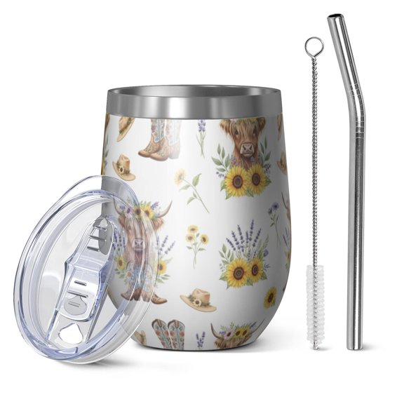 12oz Stemless Wine Tumblers Highland Cow Sunflower Hat Boot Pattern Vacuum Insulated Stainless Steel Travel Tumbler Cups Mug with Lid and Straw for Champaign,Cocktail,Beer with Cleaning Brush