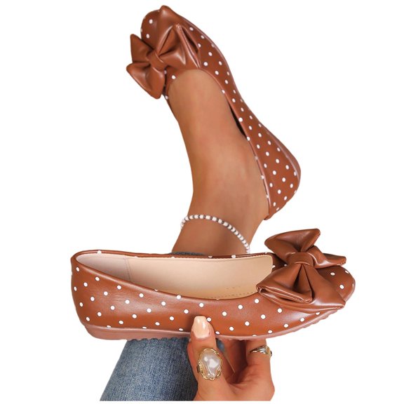 hoksml Women Round Toe Ballet Flats, Polka Dot PU Upper Big Bow Decor Slip On Casual Walking Flat Shoes