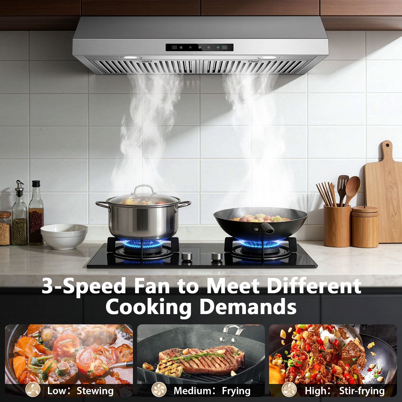 Zomagas 30" Stainless Steel Under Cabinet Range Hood: 800 CFM, Gesture & Touch, Ducted/Ductless