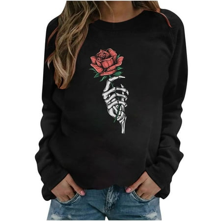 

Moxiu Womens Long Sleeve Pullover Casual 2022 Simple Crewneck Floral Skull Print Thin Sweatshirts Tops Shirts Plus Size Loose Fit Oversize Shirt Blouse