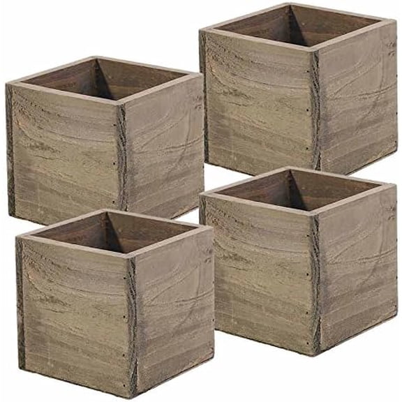 Wood Planter Box, 5 Inch Square, Rustic Barn Wood, Plastic Liner, Garden Centerpiece Display, Wedding Flowers Holder, Home and Venue Decor, (Set of 4)$$Garden & Patio