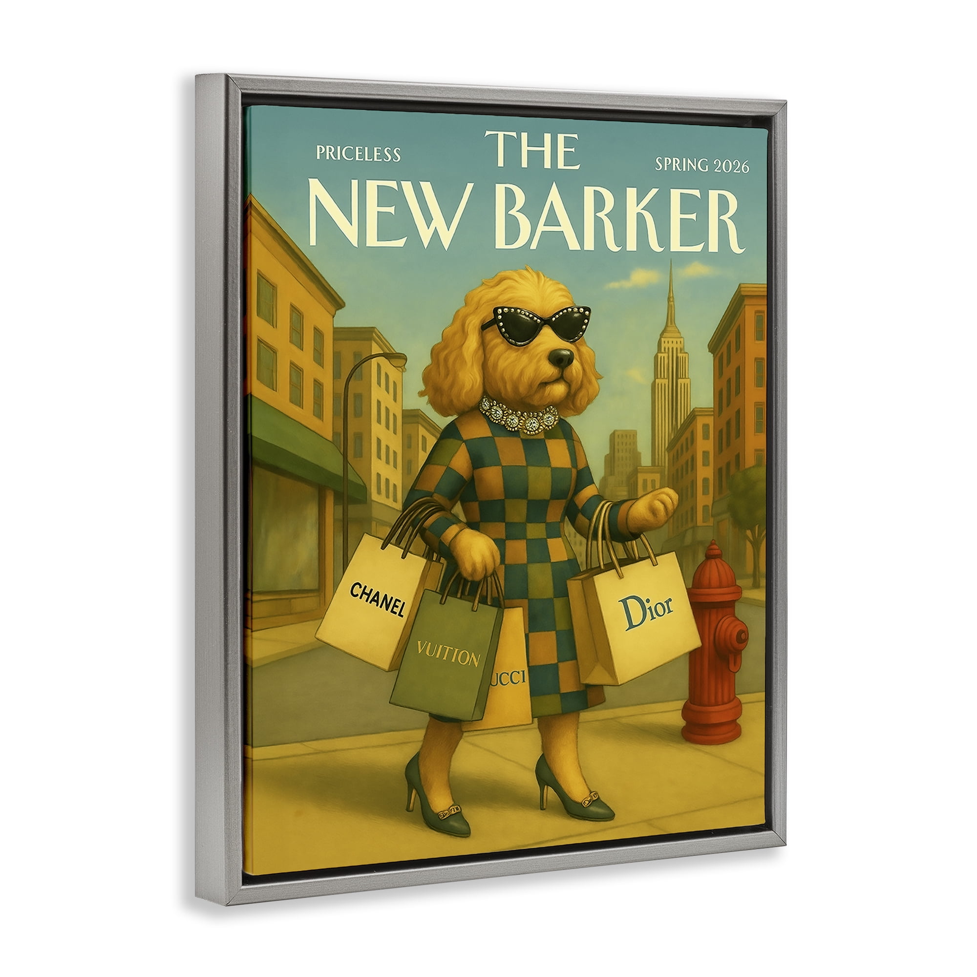 Stupell Industries New Barker Dog Magazine Gray Framed Floater Canvas Wall Art, design by Grotto Studios