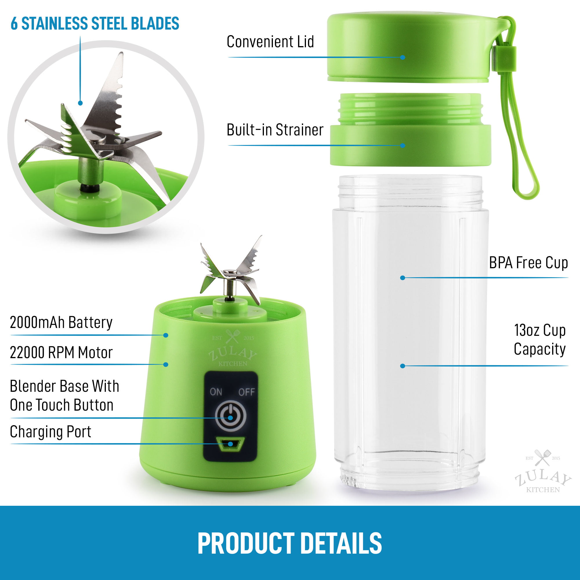  Portable Blender for Shakes and Smoothies, Personal Protein  with USB Rechargeable Battery, 6-leaf Stainless Steel Blades, 380 ML Travel  Cup Perfect Gym, Car, Office, On the Go (Green), 3.34x9.25: Home 