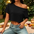thumbnail image 5 of Womens Off The Shoulder Tops Short Sleeve Solid Crop Tops Casual Loose Summer T Shirt, L, 5 of 5