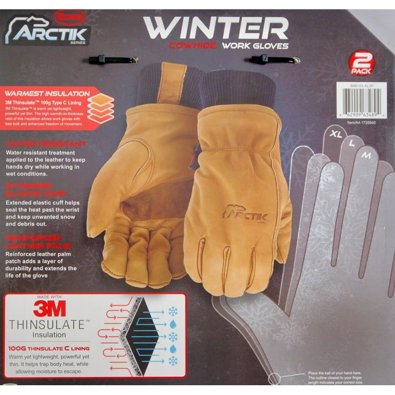 Boss Arctik Winter Work Cowhide Leather Gloves Water Resistant, 2