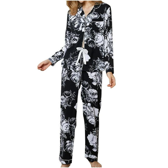 Babysbule Womens Fall Plus Top Sets Outfit Women's Casual Homewear Long-Sleeve Tops Trousers Turndown Collar Night Pajamas Suits