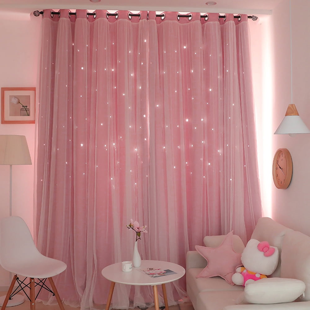 JTWEB 2PCS Blackout Curtains Grommets Princess Star Hollowed Window Curtains for Girls Kids Room Living Room, Bedroom, Window Decor Light Blocking Voile Pink 39“*63“