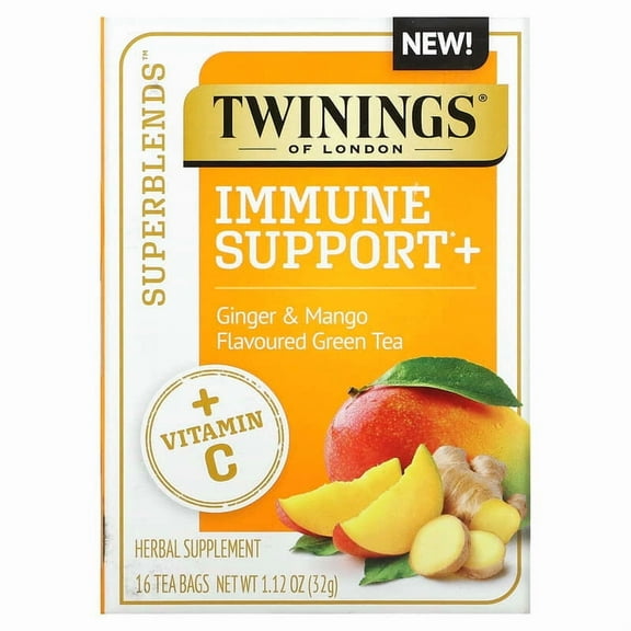 Twinings, Immune Support  Green Tea, Ginger & Mango, 16 Tea Bags, 1.12 oz Pack of 3