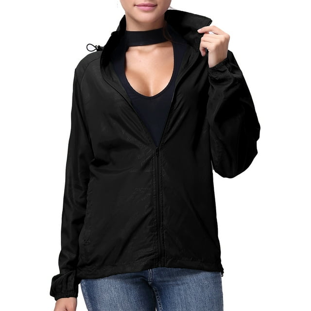 LELINTA Women Nylon Windbreaker Jacket Sport Casual Lightweight Zipper Hooded Outdoor Jacket, Black