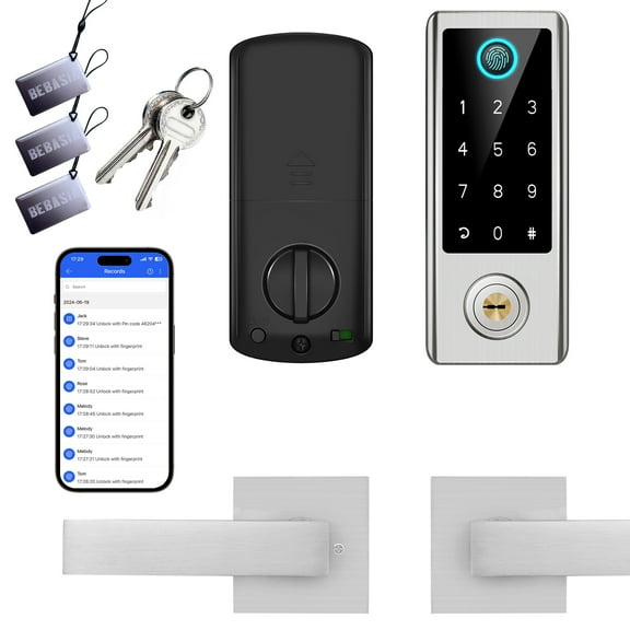 BEBASIA Smart Fingerprint Door Lock with Handle Set, Full App Control, Keyless Entry Door Lock, Electronic Digital Touchscreen Keypad, Deadbolt Smart Locks for Front Door, Auto Lock, Satin Nickel