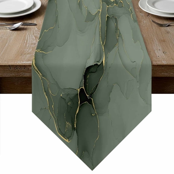 Sage Green Marble Table Runner Linen Burlap Table Runner 48 Inches Long Modern Abstract Art Ink Painting Dresser Scarves for Kitchen Island Coffee Dining Party Wedding Banquet Holiday Decor 13"x48"