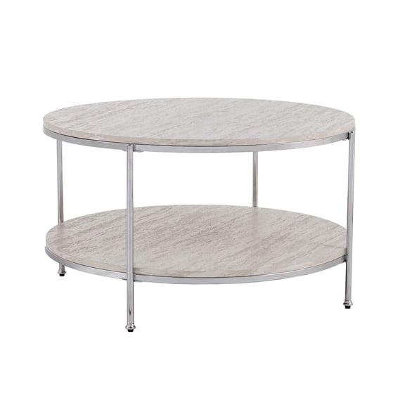 Maklaine Transitional Round Faux Travertine Stone Cocktail Table in Chrome