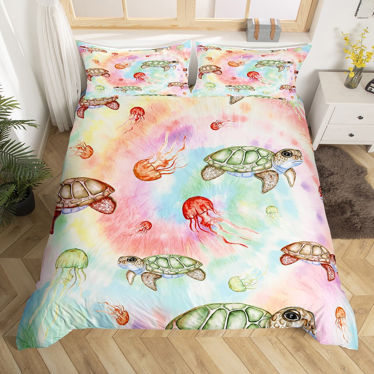 YST Ocean Themed Bedding Sets King Toddler Animal Comforter Cover, Bohemian Tie Dye Bed Set