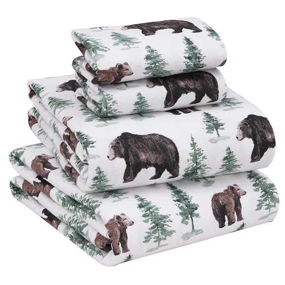 RUVANTI Flannel Sheets California King Size - 100% Cotton Brushed Cal King Bed Sheets Set - Deep Pockets 16 Inches - All Seasons Breathable & Extra Soft - Warm & Cozy, 4 Piece, Bear & Tree
