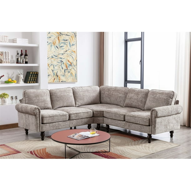 LShaped Sectional Sofa Set, Modern Tufted Chenille Upholstered Accent Sofa Couch with Scrolled