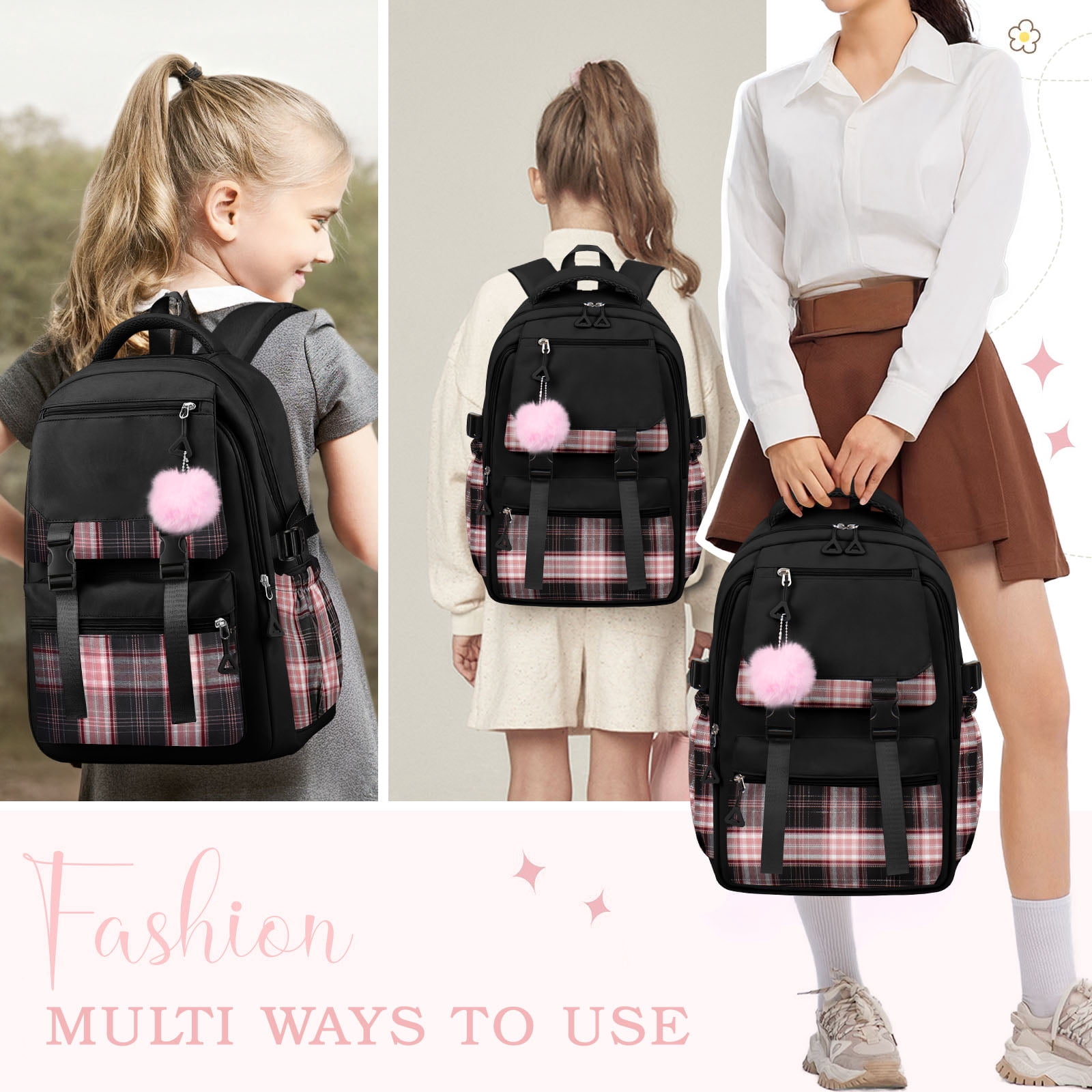 DAKIMOE Black School Backpack for School, Travel, Work, Large Capacity Waterproof Bookbag with 7 Compartments and Luggage Belt