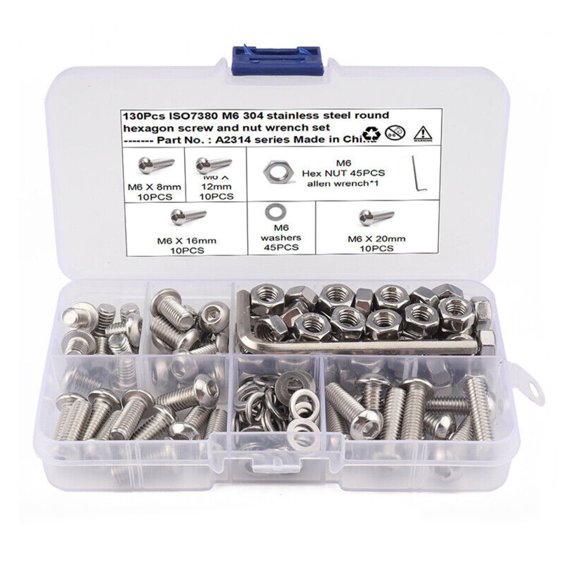 130 in 1 Metric M6 304 Stainless Steel Button Head Socket Cap Screws Nuts Kit