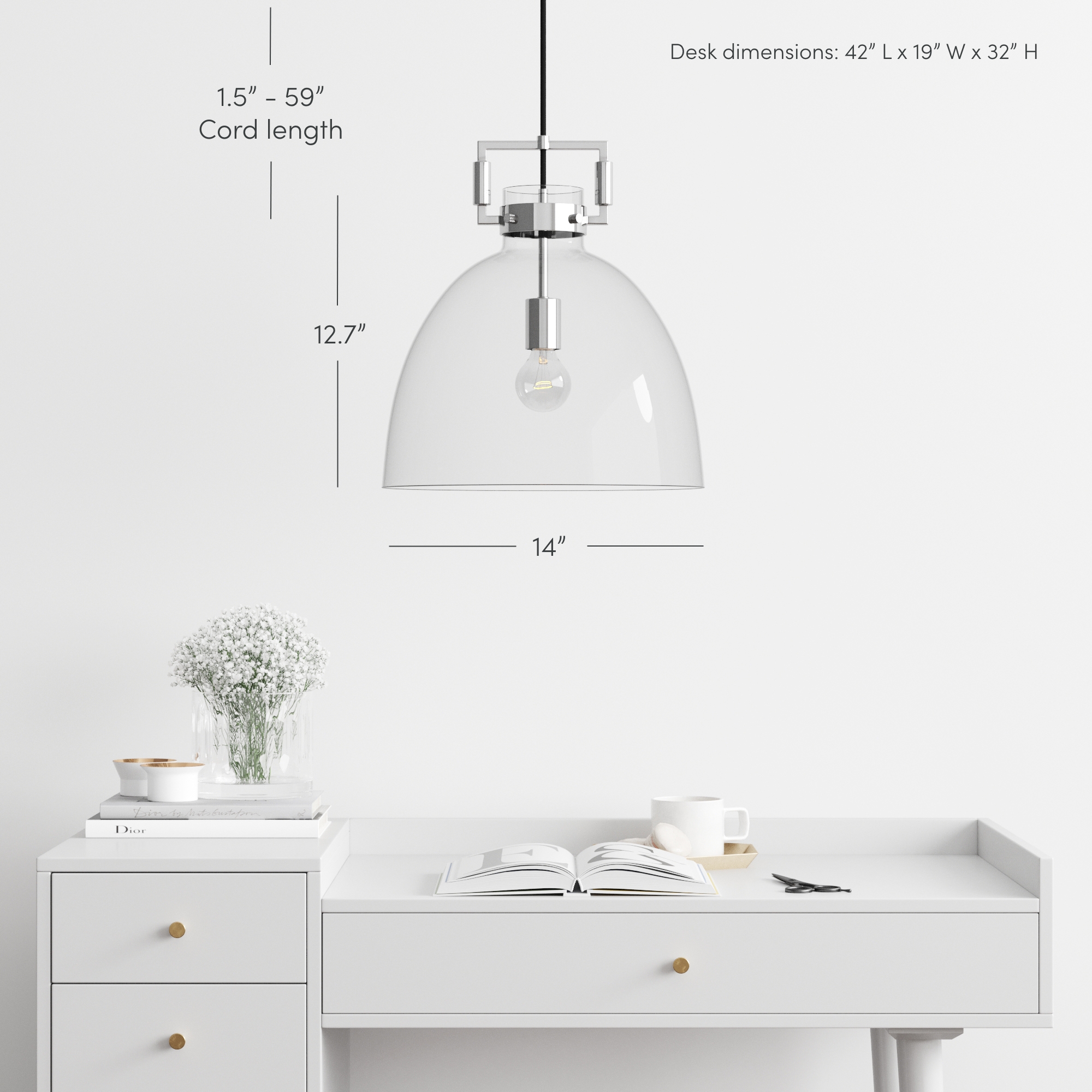 Nathan James Leigh 1-Light Chrome Pendant Lighting for Kitchen Island with Oversized Glass Shade and Adjustable Cord