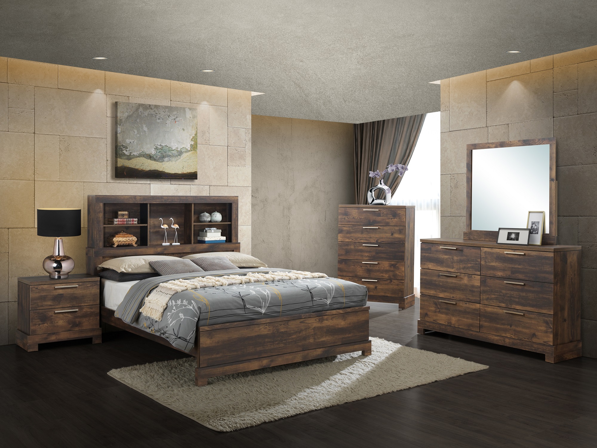Esofastore 5Pc Contemporary Style King Size Bed Set Dresser Mirror Nightstand Wooden Beautiful Furniture Home