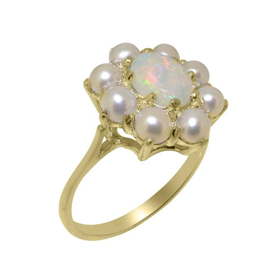LBG British Made 9k Yellow Gold Natural Opal & Cultured Pearl Womens Statement Ring - 33 size options - Size 9