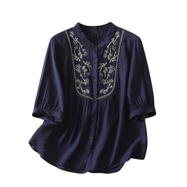 Vestidos Casuales Para Mujer, Blusas De Mujer De Moda Blusa de lino sintético con botones bordados para mujer, manga 3/4 y cuello alto