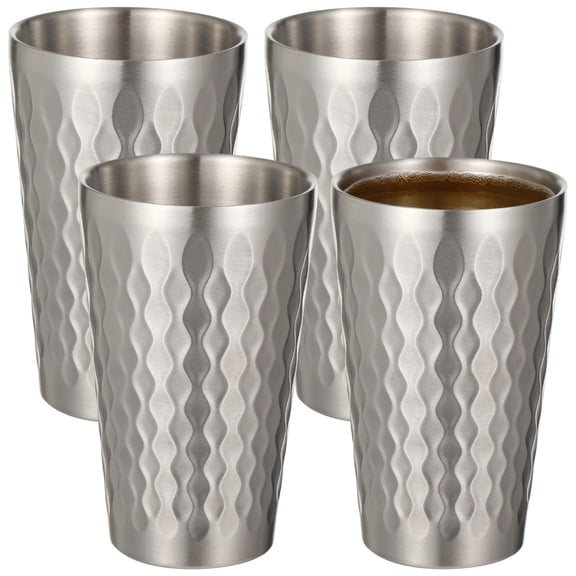 4 Pcs Stainless Steel Double Wall Cups 15 oz, Korean Hammered Insulated Metal Cup, Unbreakable Stackable Water Tumblers for Beer, Beverage, Parties, Silver