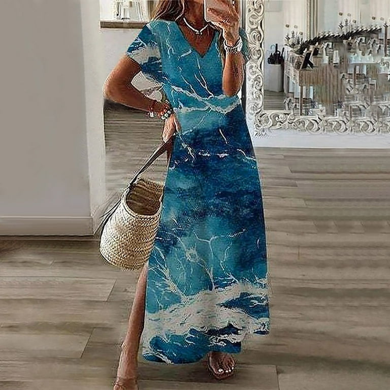 Sayhi Preppy Dresses Women Maxi Dress Summer Spring Short Sleeve