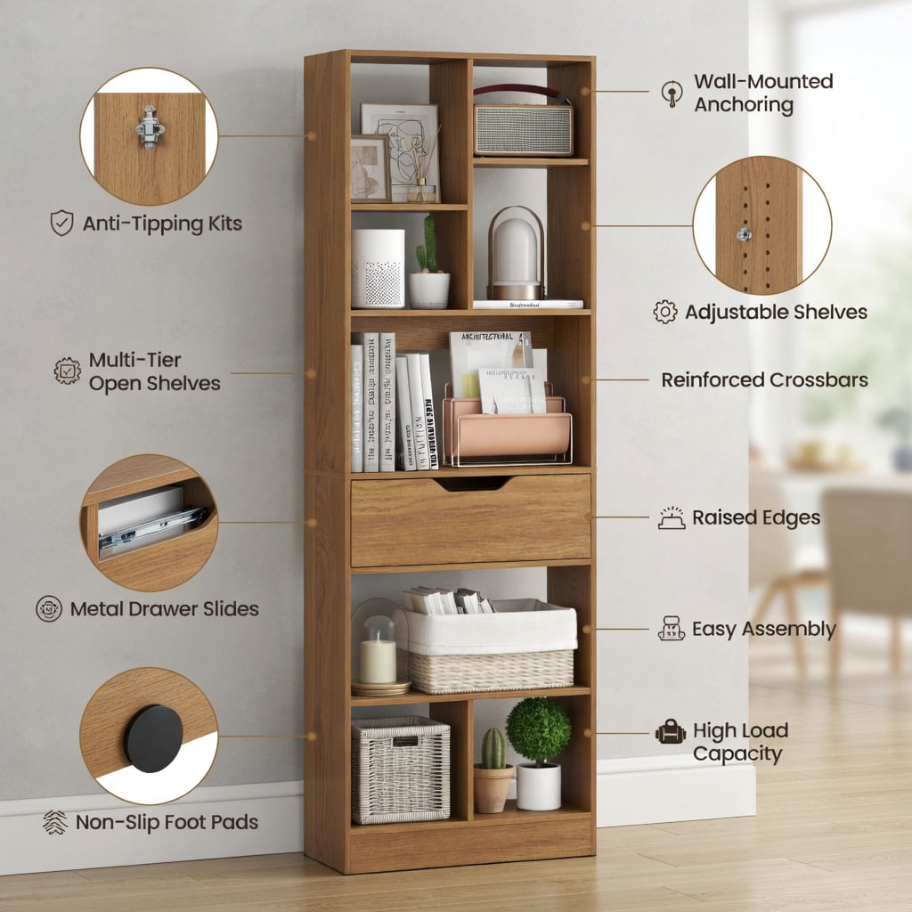 GVN 61inch Tall Freestanding Bookcase 8-Cube Storage Organizer with Drawer Multi-Use Open Shelves for Home Office Study Living Room Books Decor Display, Natural