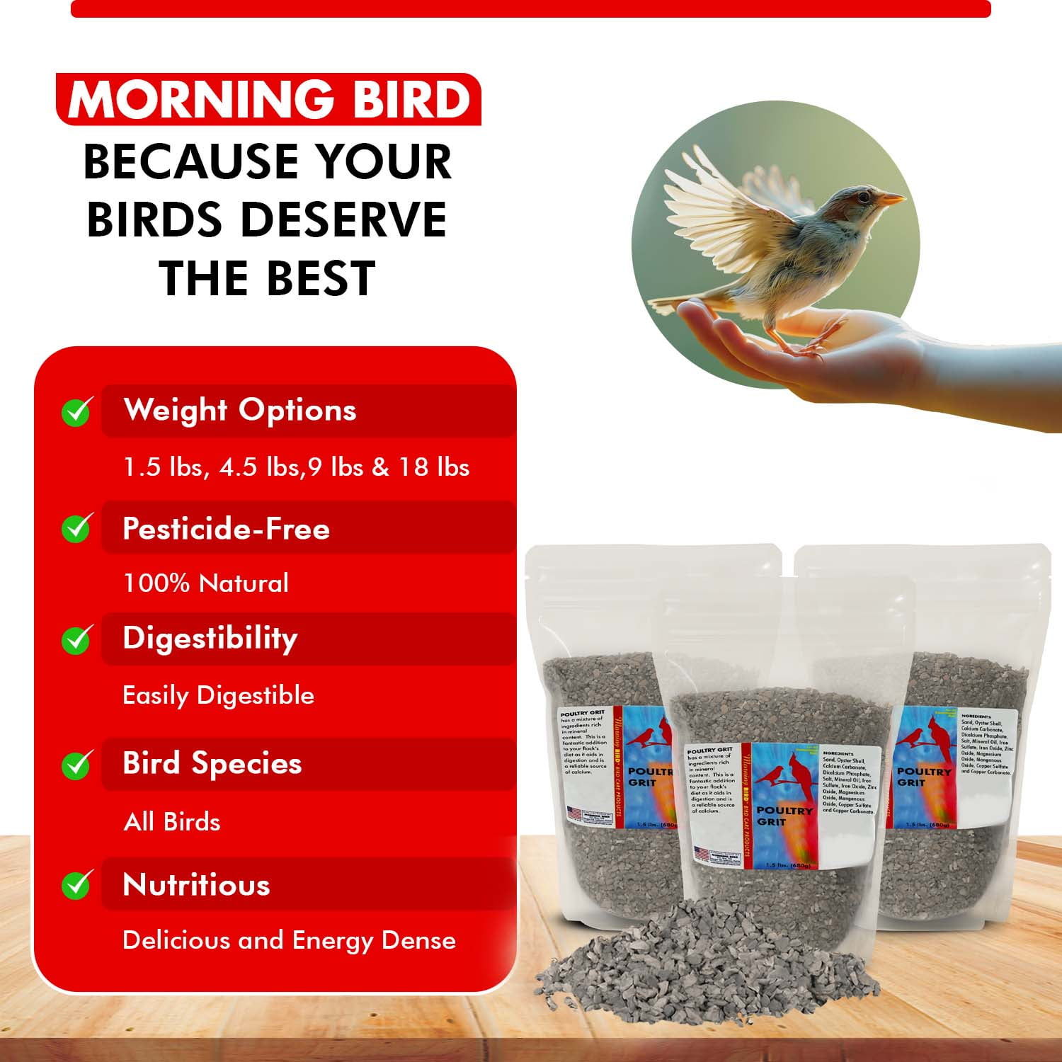 Morning Bird Poultry Grit, Mineral-Rich Feed for Digestion & Calcium Support, 4.5 lb (3 Pack, 1.5 lb Each)