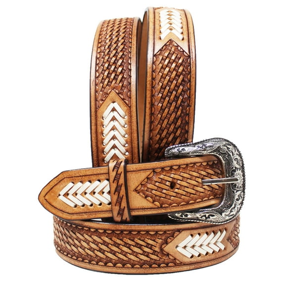 34  1-1/2" Wide Western Basket Weave Tooled Rawhide Braided Full-Grain Leather Belt 2678RS