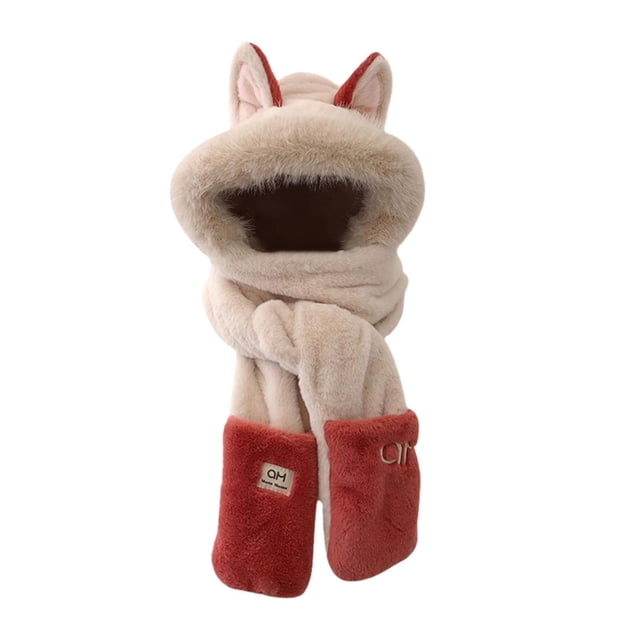 Gorro de invierno cálido, informal, novedoso, con orejeras, gorro 3 en 1, sudadera con capucha y bufanda Beige