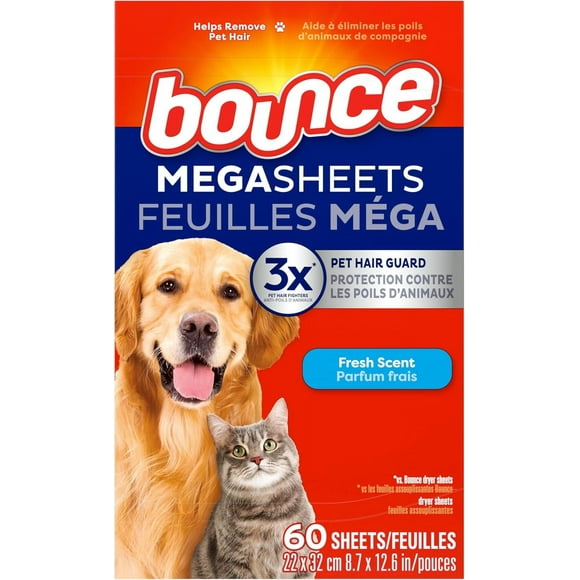 Bounce Dryer Sheets, Pet Hair and Lint Guard, Mega Size, Fresh Scent, 60 Count