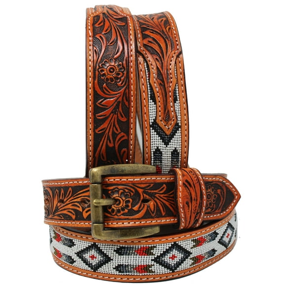 27-28  Unisex 1.5" Western Floral Tooled Beaded Full-Grain Leather Belt 26RT33