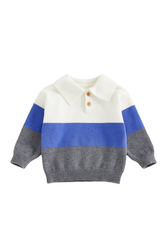 Toddler Baby Boy Sweater Lapel Collar Long Sleeve Patchwork Upper Button Down Pullover Warm Knit Tops