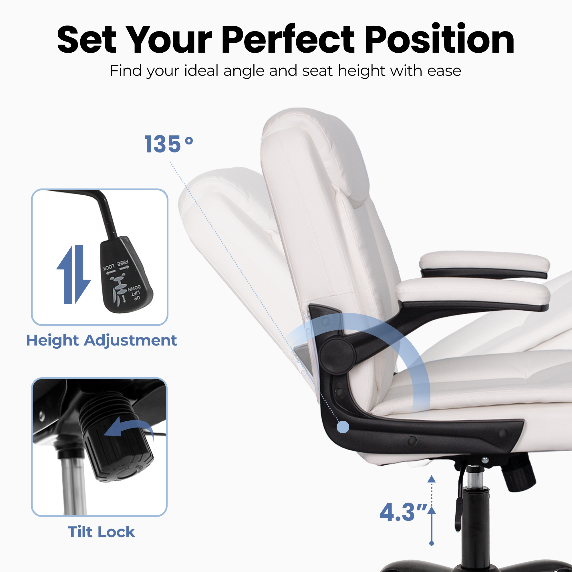 CELTOSS Leather Office Chair, Ergonomic White Executive Chair with Padded Flip-Up Armrests, Mid-Back PU Computer Desk Chair, White