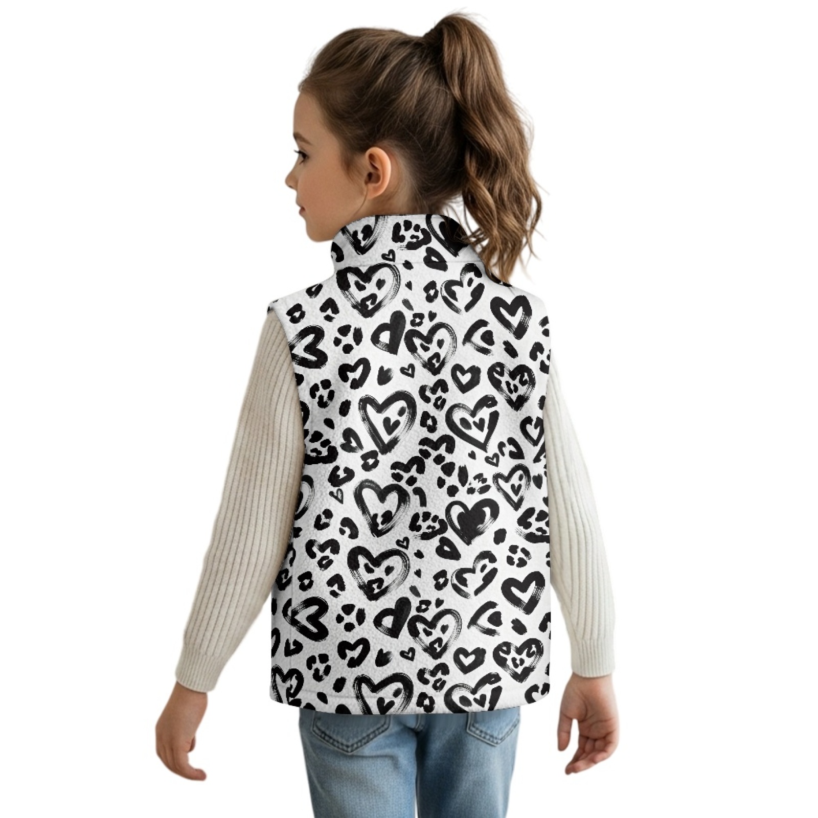 Xoenoiee Heart Leopard Print Girls Fleece Vest Lightweight Sleeveless Jacket Full Zip Running Vest Stand Collar Fall Winter Clothing, Size 3T