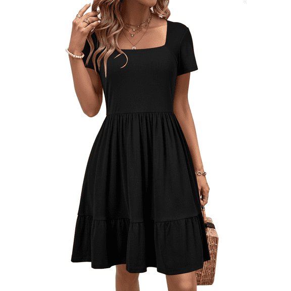 SOMER Women’s Dress Square Neck Sundress Short Sleeve Formal Ruffle Flowy Business Casual Midi Dress with Pockets 2026 Spring Black XL