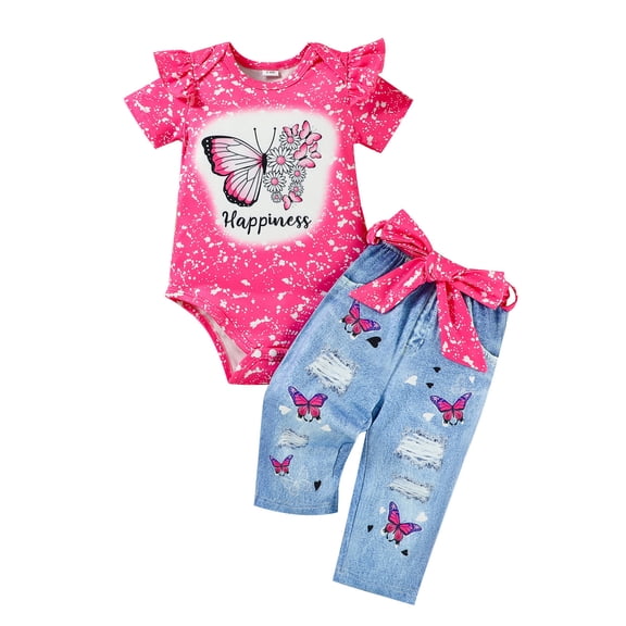 Kiijoy Infant Girls Outfits Butterfly Print Short Sleeve Romper Jeans with Belt, Sizes 0-18 Months