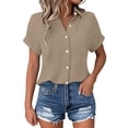 thumbnail image 2 of Womens Gauze Shirts Button Down Dress Shirts Casual Short Sleeve Textured Collared Summer Work Blouse Camping Clothes Brown S, 2 of 5