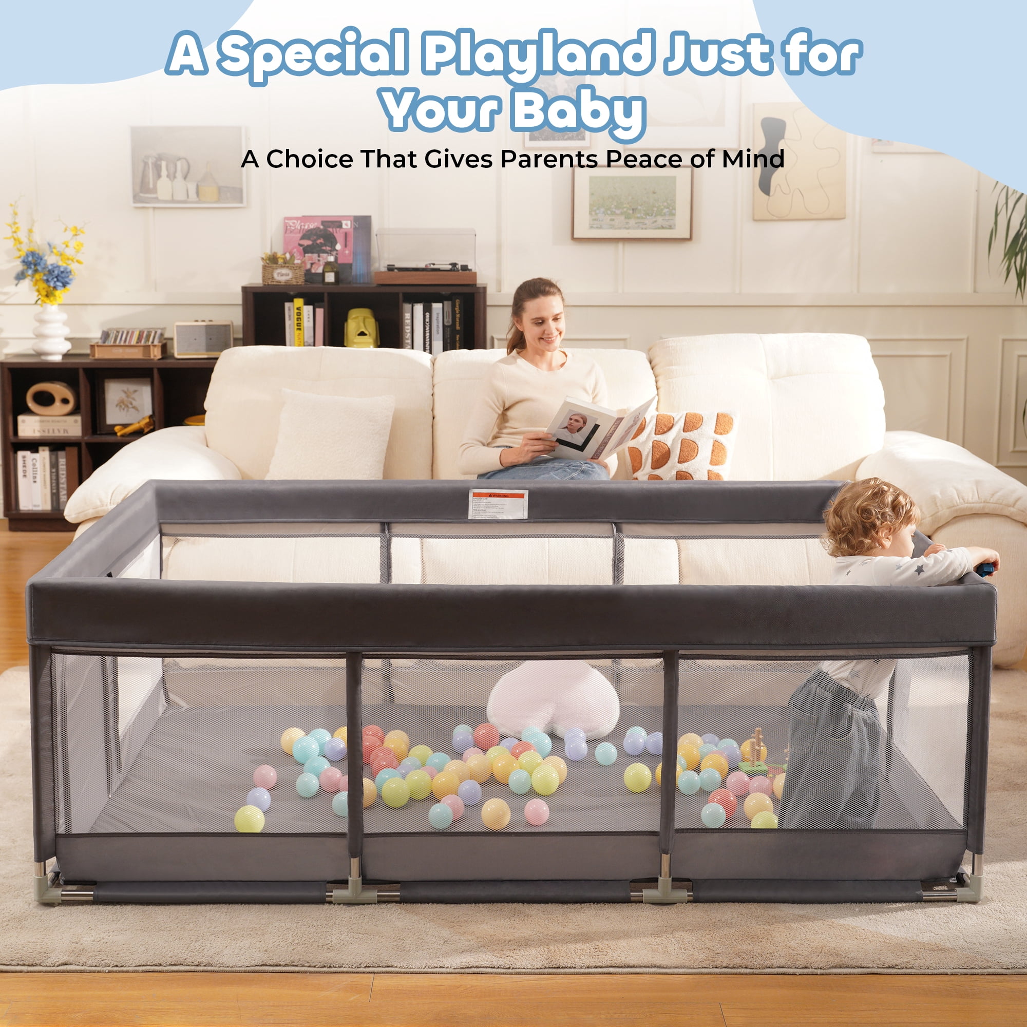Babyeap Baby Playpen Large Play Yard Fence for Toddlers, 71"x50" Dark Gray