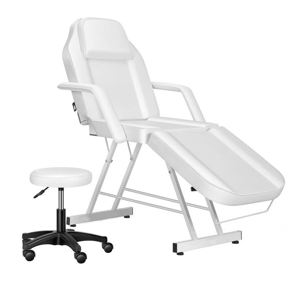 3-Section Tattoo Chair, Adjustable Professional Salon Massage Bed Tattoo Bed Chair with Spa Stool and Towel Hook for Beauty Barber Spa Beauty Equipment, White