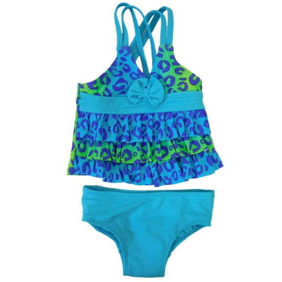 Infant Girls Blue Leopard Print Baby Bikini Ruffle 2pc Tankini Swim Suit 12m