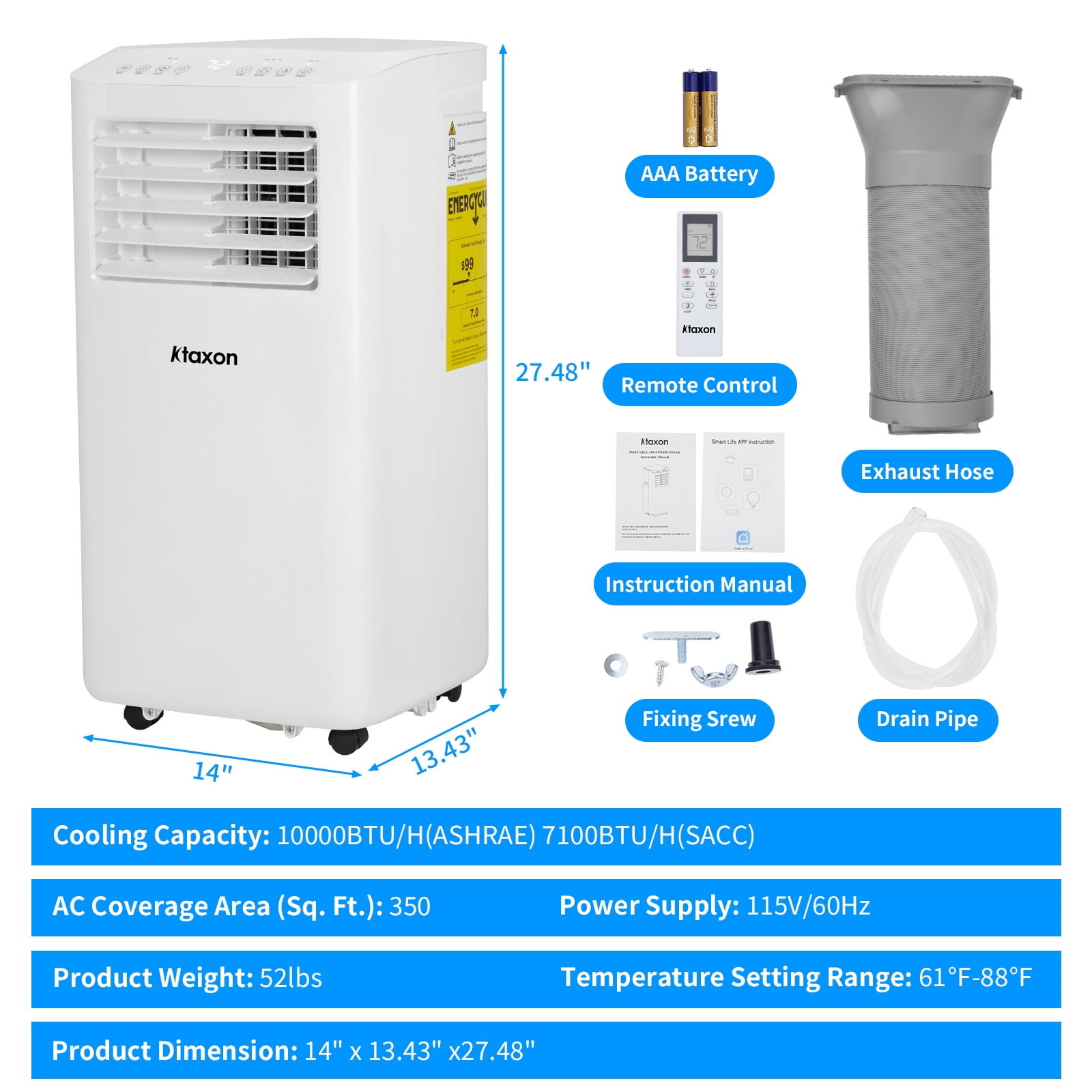 Ktaxon WiFi Enabled 7100BTU (10000BTU ASHRAE) Portable Air Conditioner & Dehumidifier Function With Remote Control & Window Kit