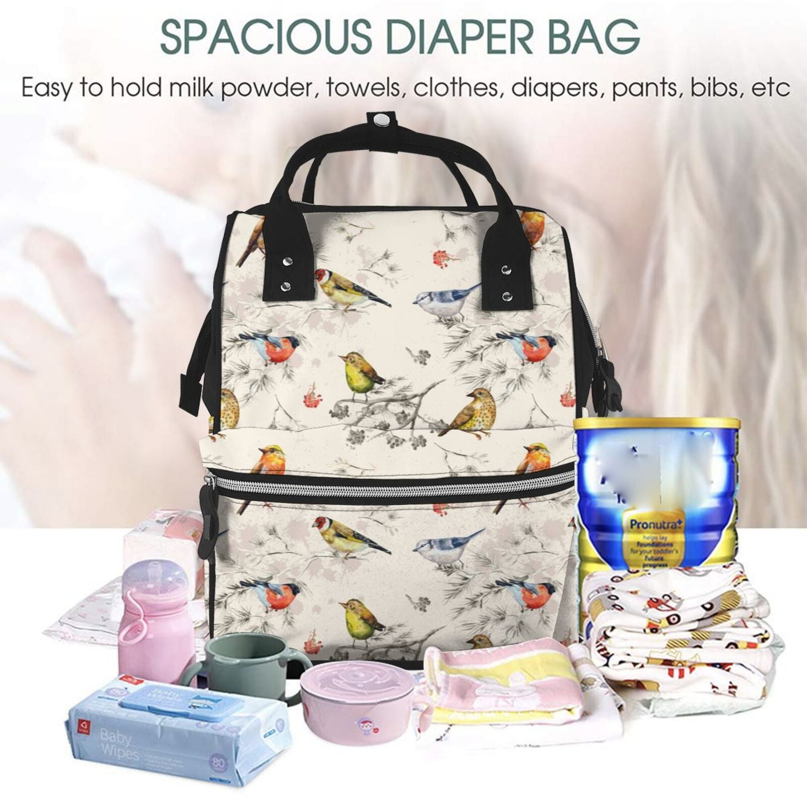 Ratiio Little Birds Mummy Backpack - Waterproof Twill Canvas, Large Capacity Diaper Bag with Multiple Pockets and Adjustable Straps